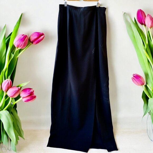 Vintage 80's Long Maxi Black Skirt Made in Hong Kong Deep Slit Lined Womens 12 - Picture 2 of 14